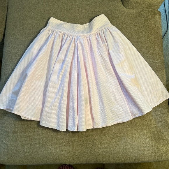 Ralph Lauren Pink Seersucker Gathered Flare Skirt Vertical Pin Stripes Midi SZ 2 - Picture 2 of 7